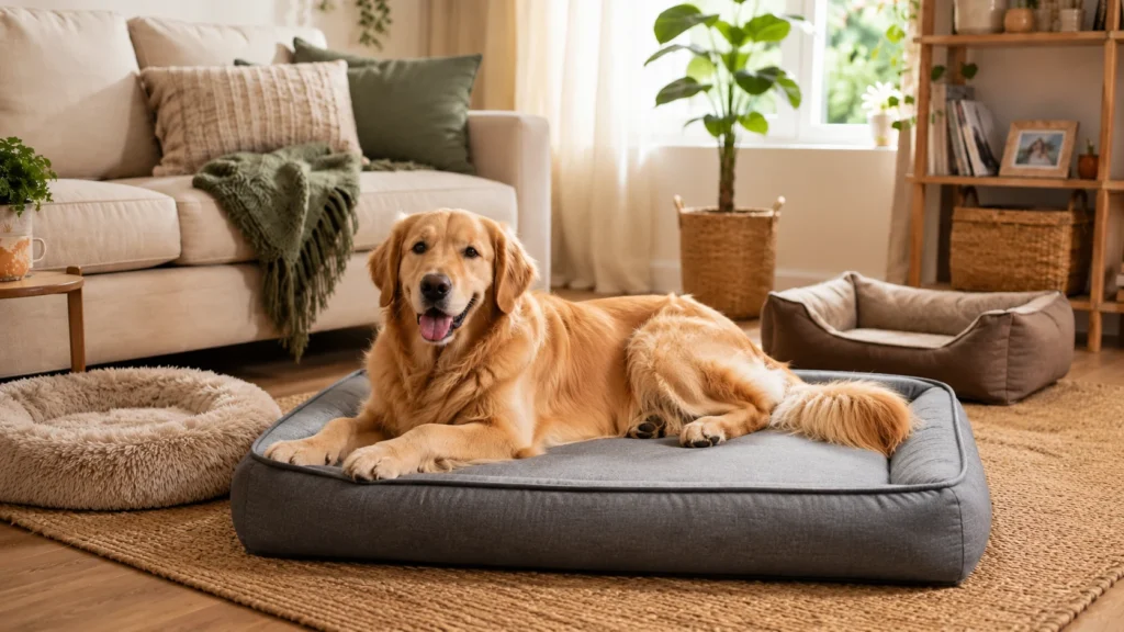 Cachorro deitado confortavelmente em uma cama de tamanho adequado ao seu porte