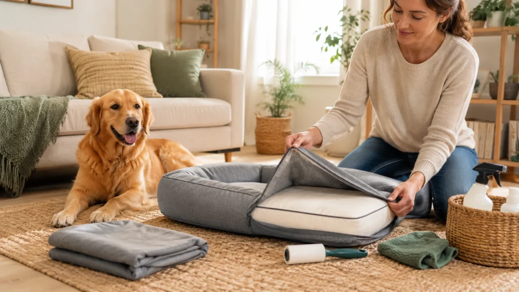Capa removível de cama para cachorro sendo retirada para limpeza