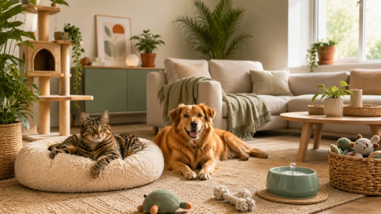 Cachorro e gato em uma casa limpa, organizada e segura para pets