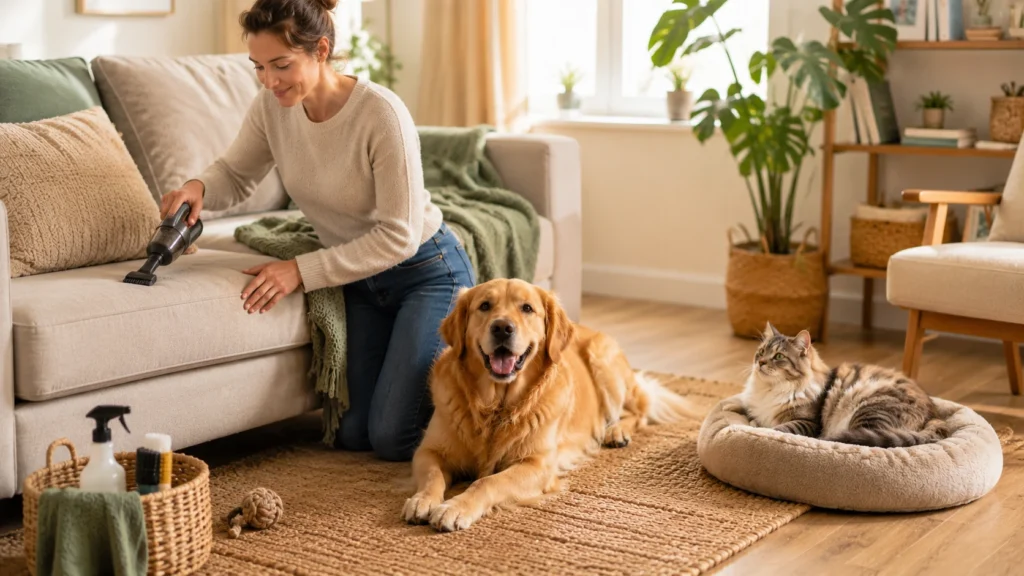 Pessoa removendo pelos do sofá com aspirador enquanto cachorro e gato descansam na sala
