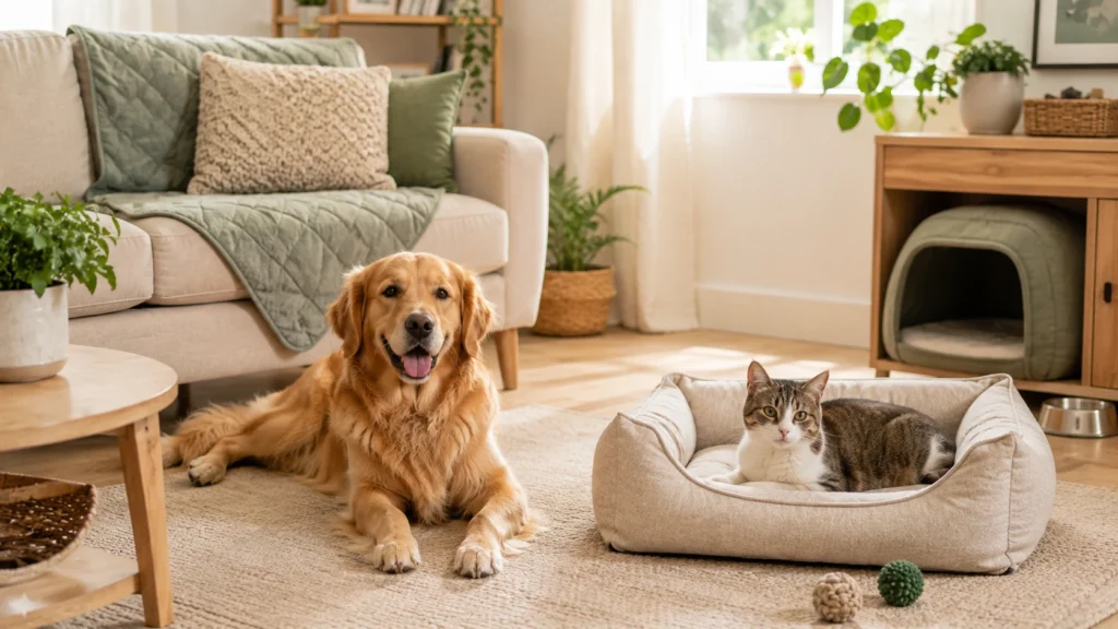 Sala organizada e pet friendly com cachorro e gato em ambiente fácil de limpar