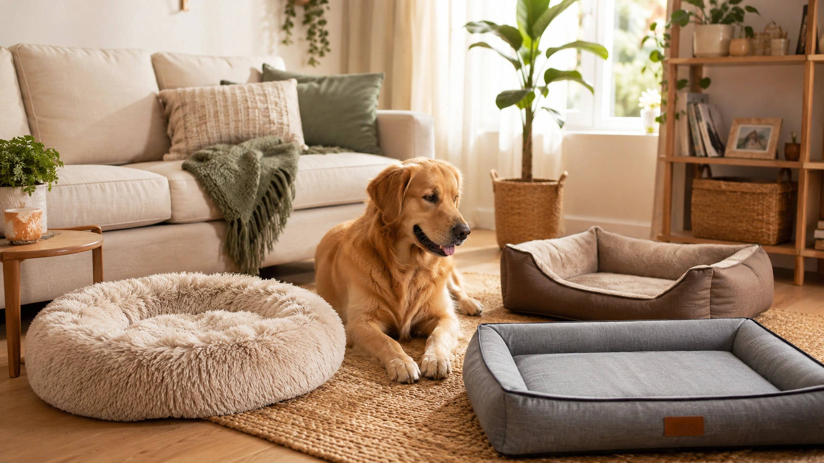Cachorro entre diferentes modelos de camas dentro de uma sala