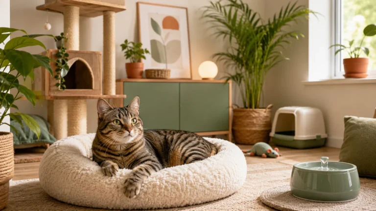 Gato descansando dentro de casa em ambiente seguro e confortável