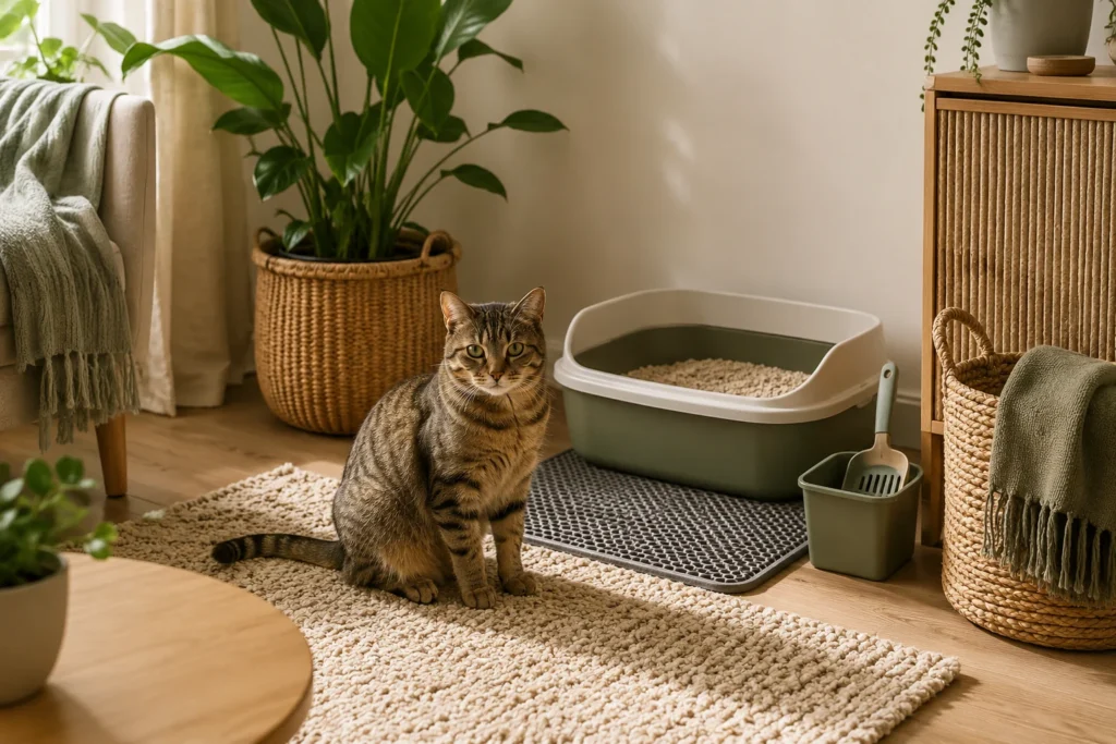 Gato em ambiente doméstico limpo e organizado, com espaço confortável dentro de casa