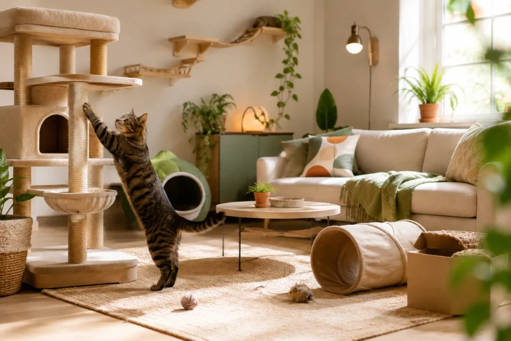 Sala aconchegante com gato, arranhador e elementos de enriquecimento ambiental