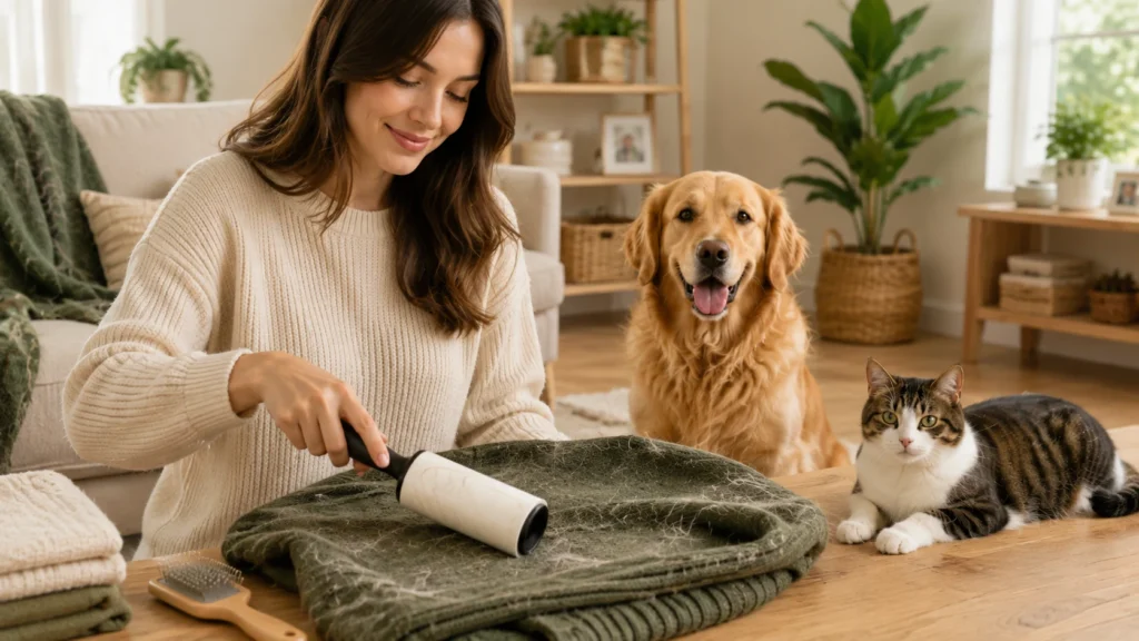 Mulher usando rolo adesivo para tirar pelos de cachorro e gato de manta ou roupa