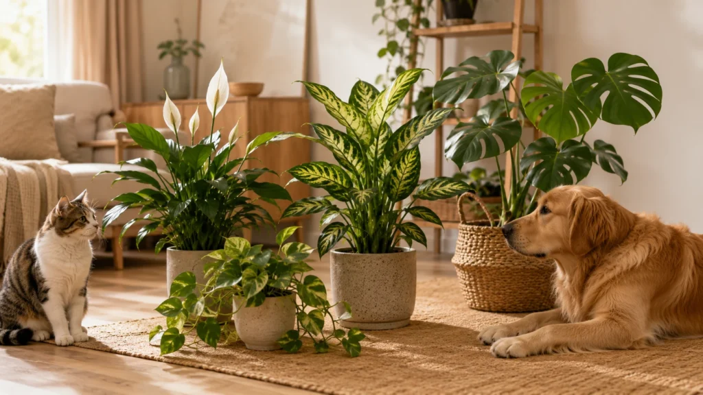 Cachorro e gato próximos a diferentes plantas ornamentais dentro de casa
