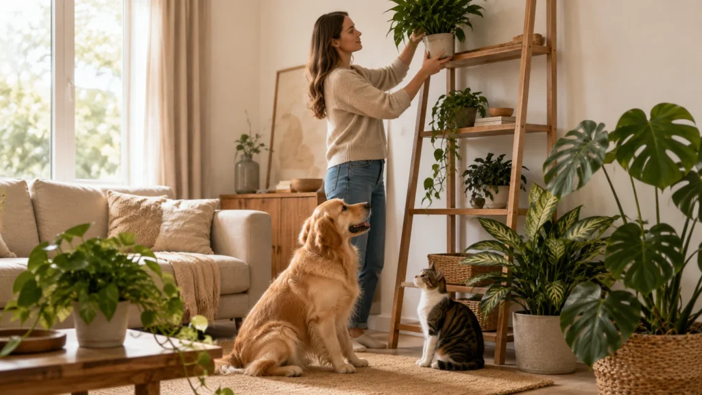 Pessoa organizando plantas em uma casa com cachorro e gato