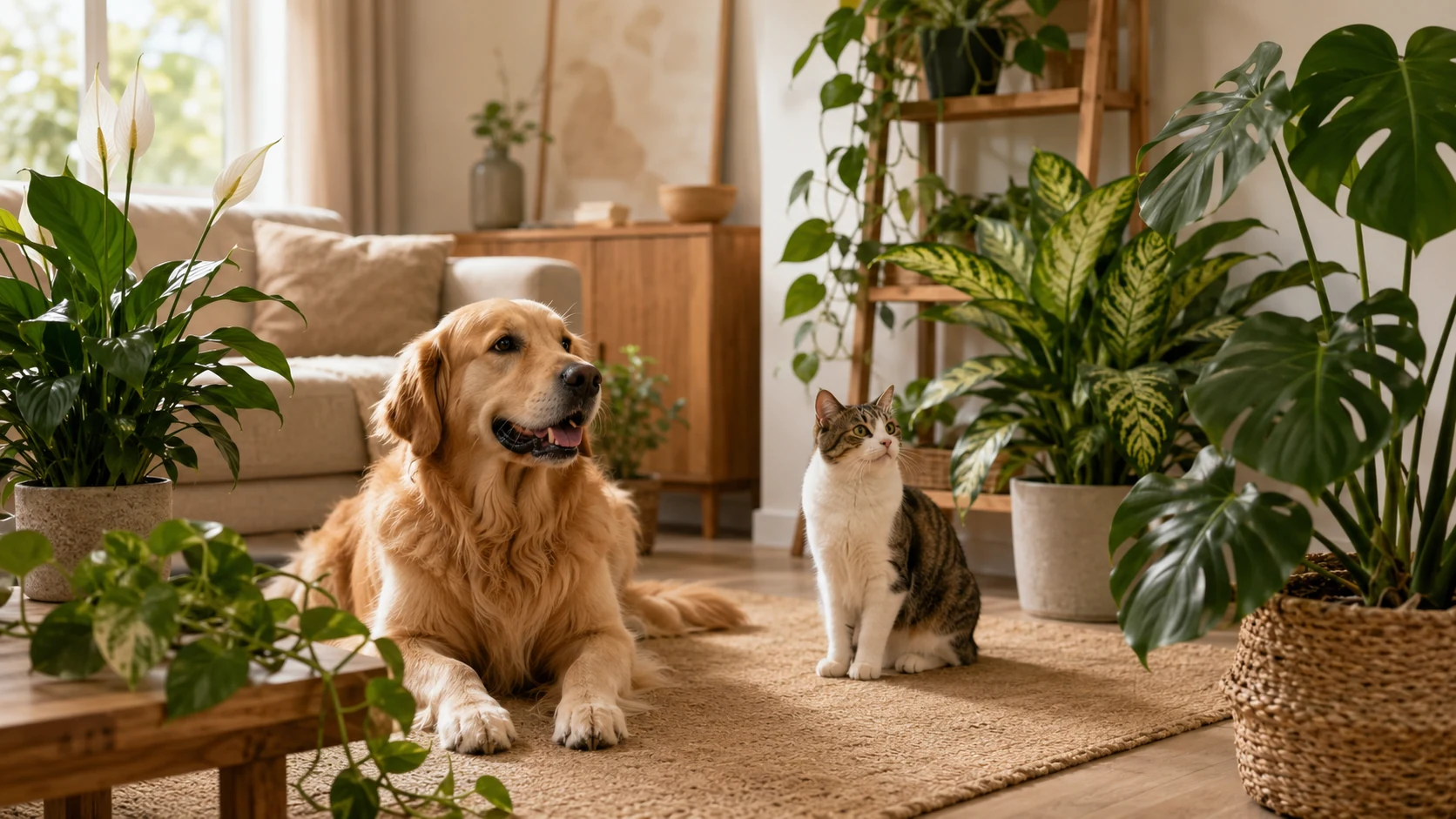 Cachorro e gato em sala com plantas ornamentais dentro de casa