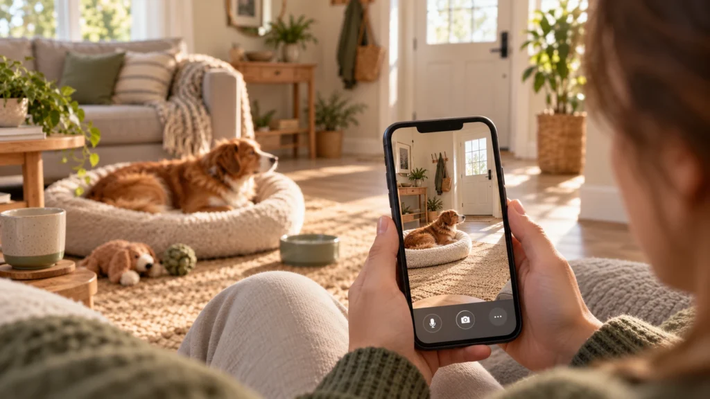 Tutora monitora o cachorro pelo celular enquanto ele permanece deitado na cama em casa