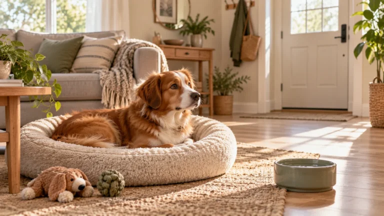 Cachorro deitado em cama macia observando a porta de casa em ambiente tranquilo