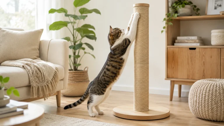Gato usando um arranhador vertical alto e firme de sisal