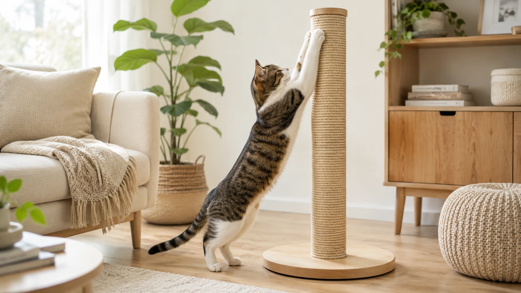 Gato usando um arranhador vertical alto e firme de sisal