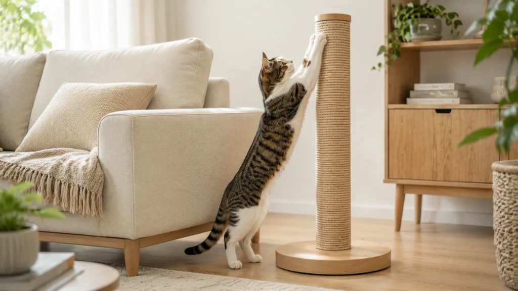 Gato usando arranhador vertical colocado próximo ao sofá