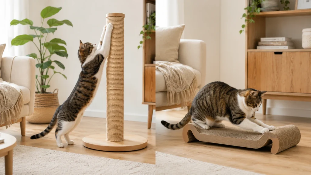 Gato usando arranhadores vertical e horizontal em diferentes posições