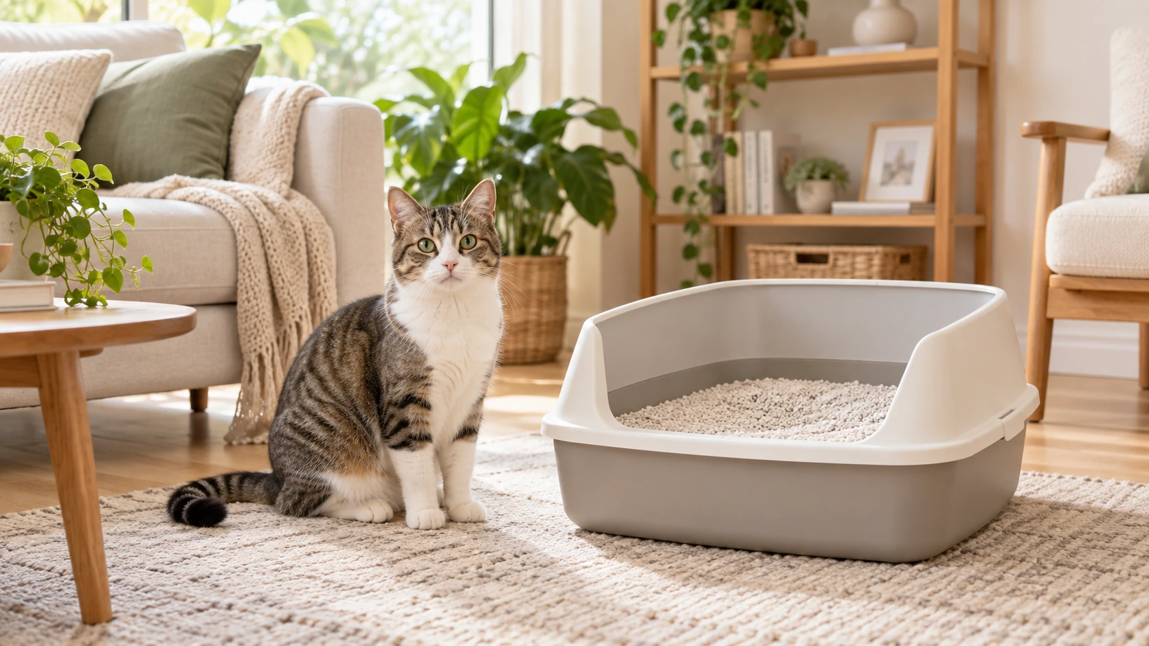 Gato ao lado de uma caixa de areia grande e de fácil acesso