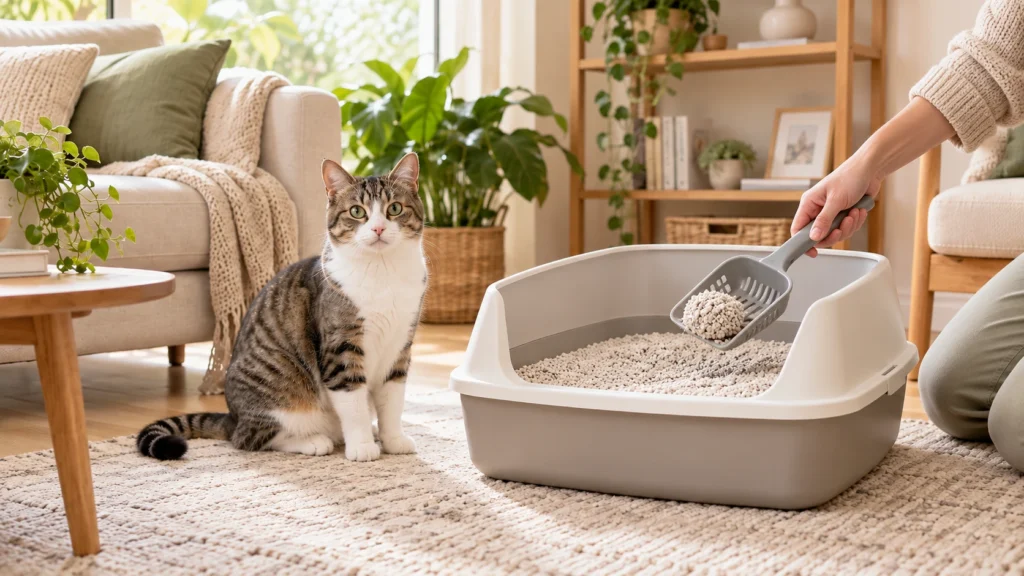 Pessoa limpando uma caixa de areia enquanto o gato observa