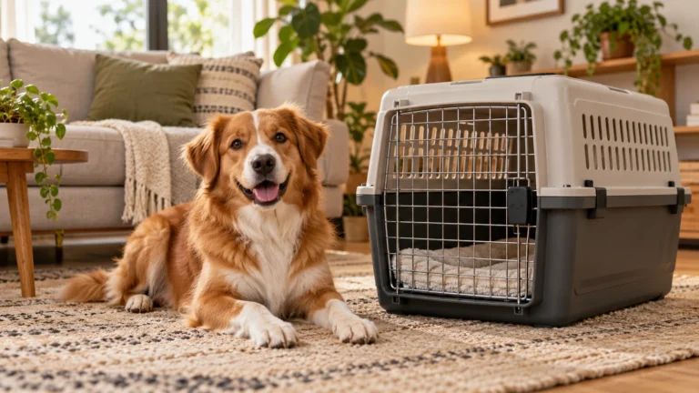 Cachorro ao lado de caixa de transporte rígida dentro de casa