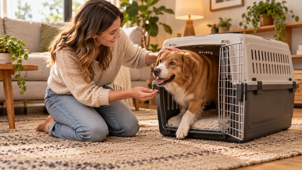Tutora acostumando cachorro a entrar na caixa de transporte com tranquilidade