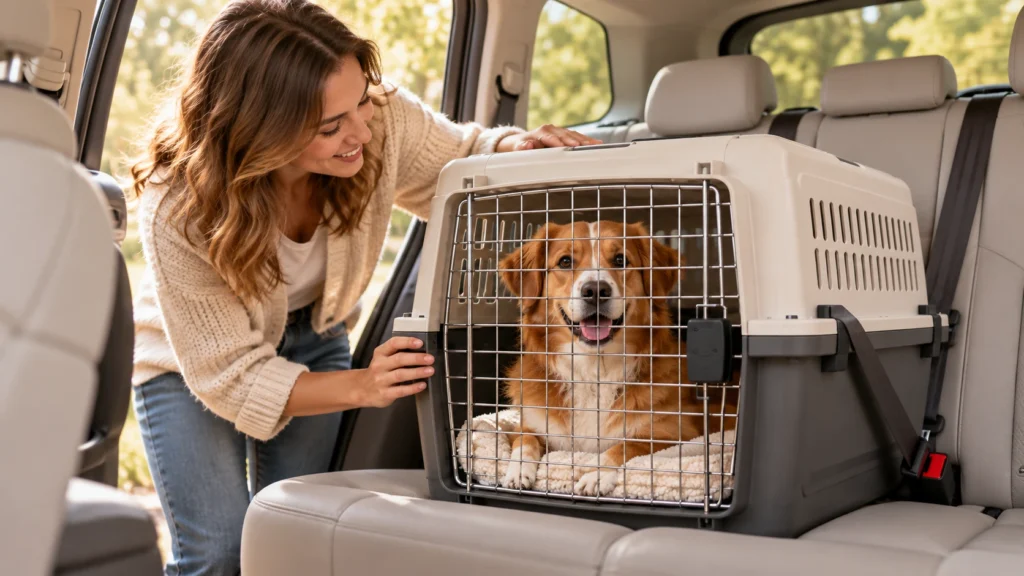 Cachorro dentro de caixa de transporte posicionada no banco traseiro do carro