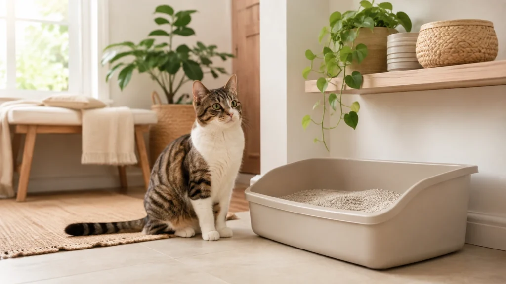 Gato ao lado de uma caixa de areia em local tranquilo dentro de casa
