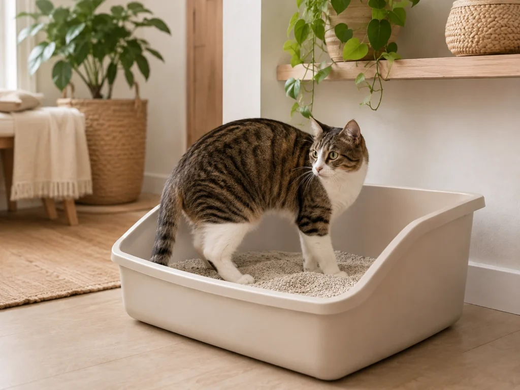 Gato usando uma caixa de areia aberta com tamanho adequado