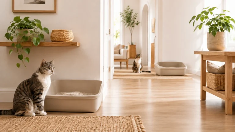 Duas caixas de areia para gatos distribuídas em ambientes da casa