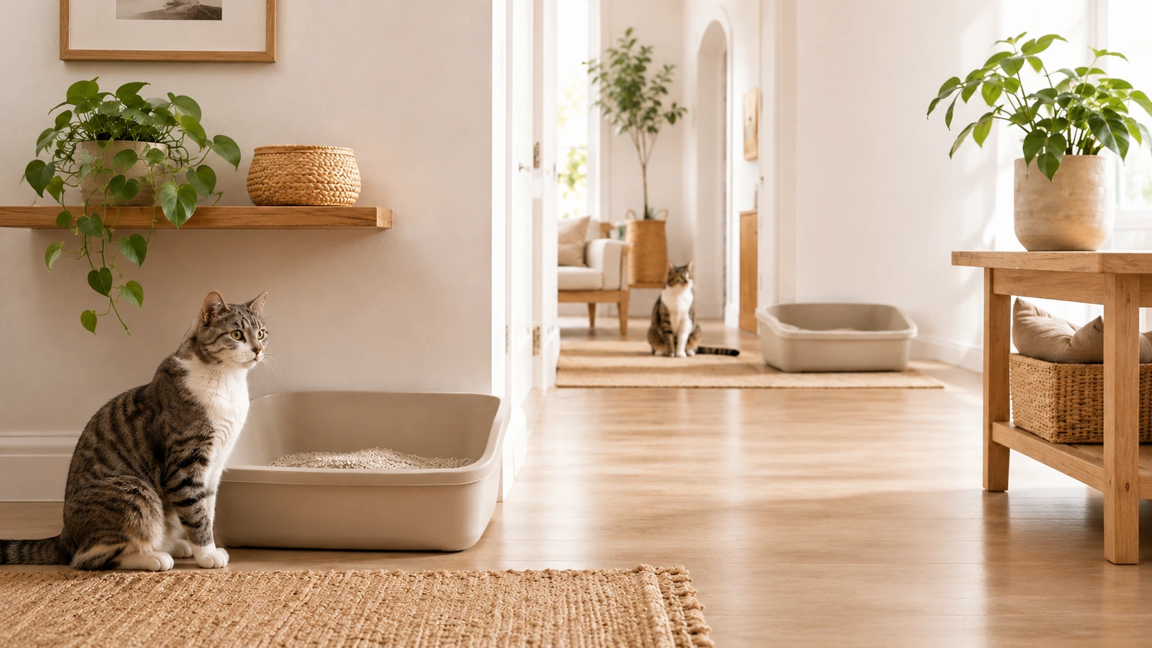 Duas caixas de areia para gatos distribuídas em ambientes da casa