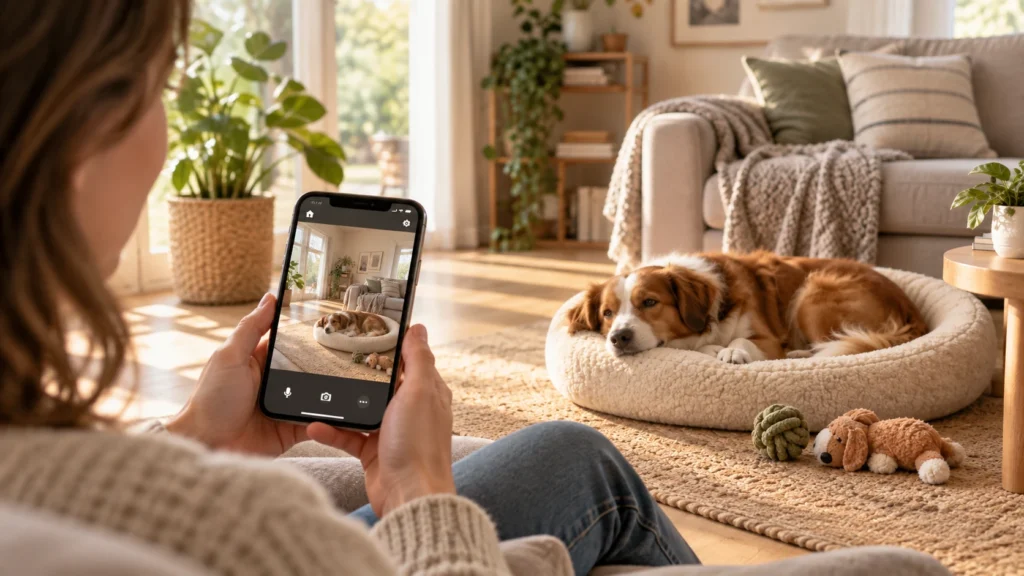 Tutor observando pelo celular um cachorro tranquilo através de uma câmera doméstica