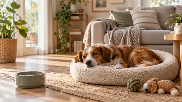 Cachorro descansando tranquilamente em sua cama dentro de casa