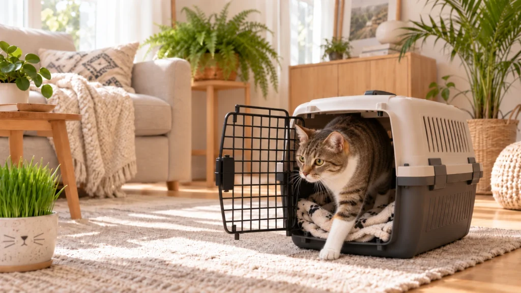 Gato saindo naturalmente de uma caixa de transporte aberta em sala aconchegante