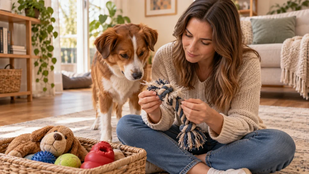 Tutor examinando um brinquedo de corda enquanto o cachorro observa outros brinquedos em uma cesta na sala