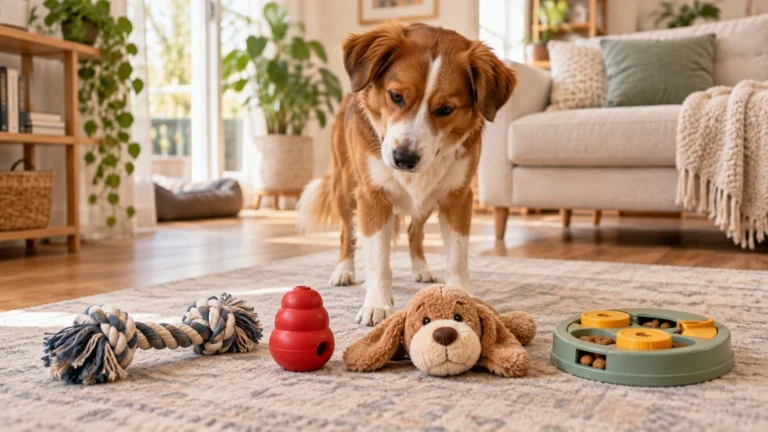 Cachorro observando diferentes brinquedos seguros no chão da sala, como corda, mordedor, pelúcia e brinquedo interativo