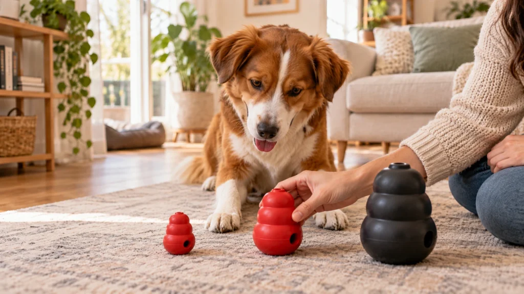 Tutor apresentando brinquedos tipo mordedor de tamanhos diferentes para o cachorro em uma sala aconchegante