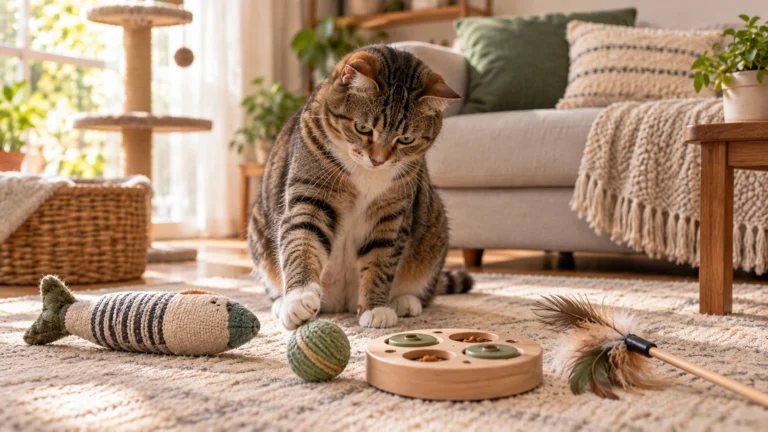 Gato diante de diferentes brinquedos em uma sala aconchegante