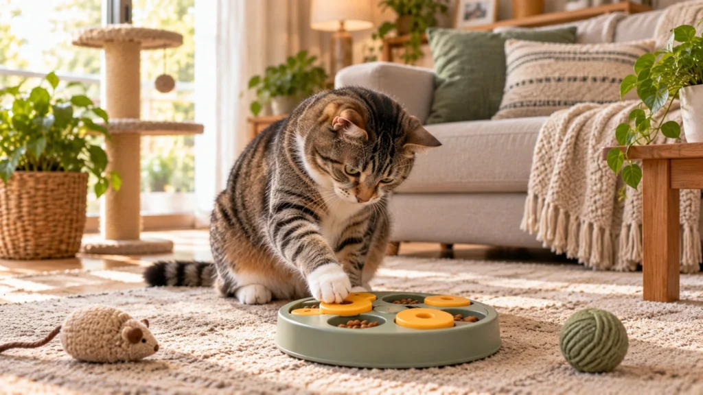 Gato usando quebra-cabeça alimentar simples com ração