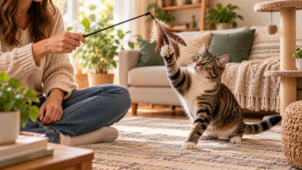 Gato capturando brinquedo de penas em uma varinha durante a brincadeira