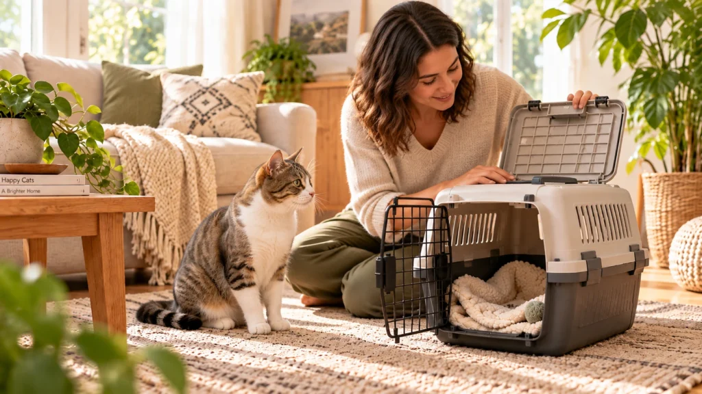 Tutora avaliando caixa de transporte para gatos com abertura frontal e superior