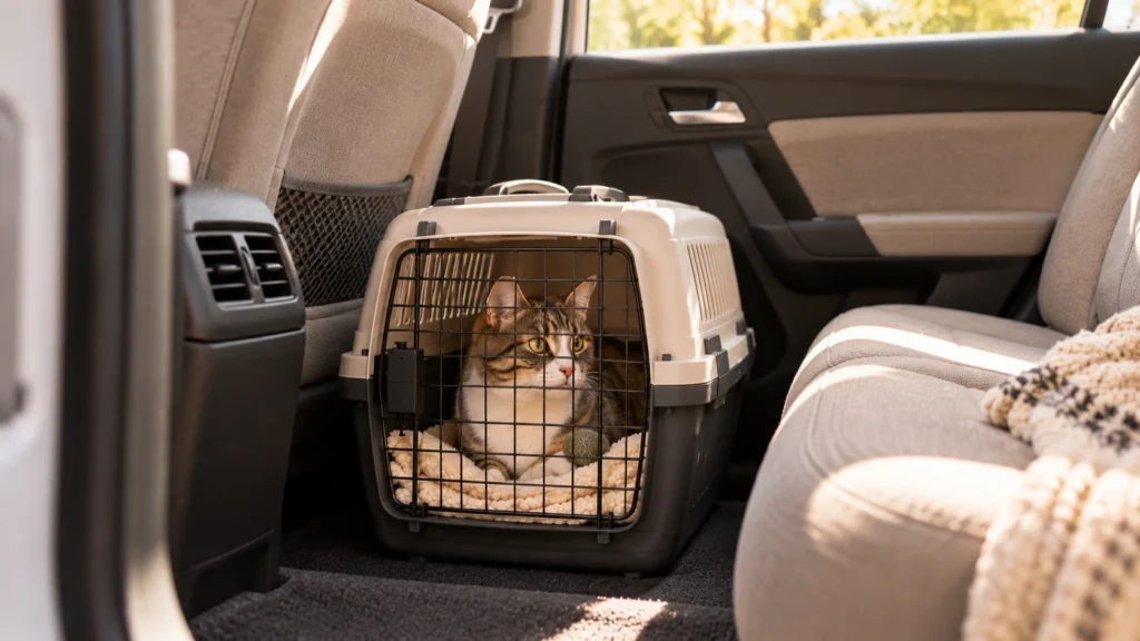 Gato dentro de caixa de transporte posicionada com segurança no banco traseiro do carro