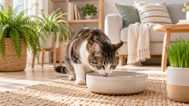 Gato bebendo água em um recipiente largo dentro de casa