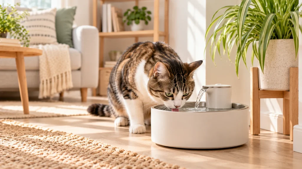 Gato bebendo água em uma fonte dentro de casa