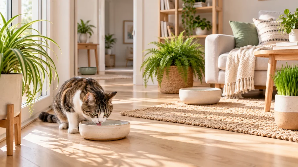 Gato bebendo água com outros pontos de hidratação distribuídos pela casa