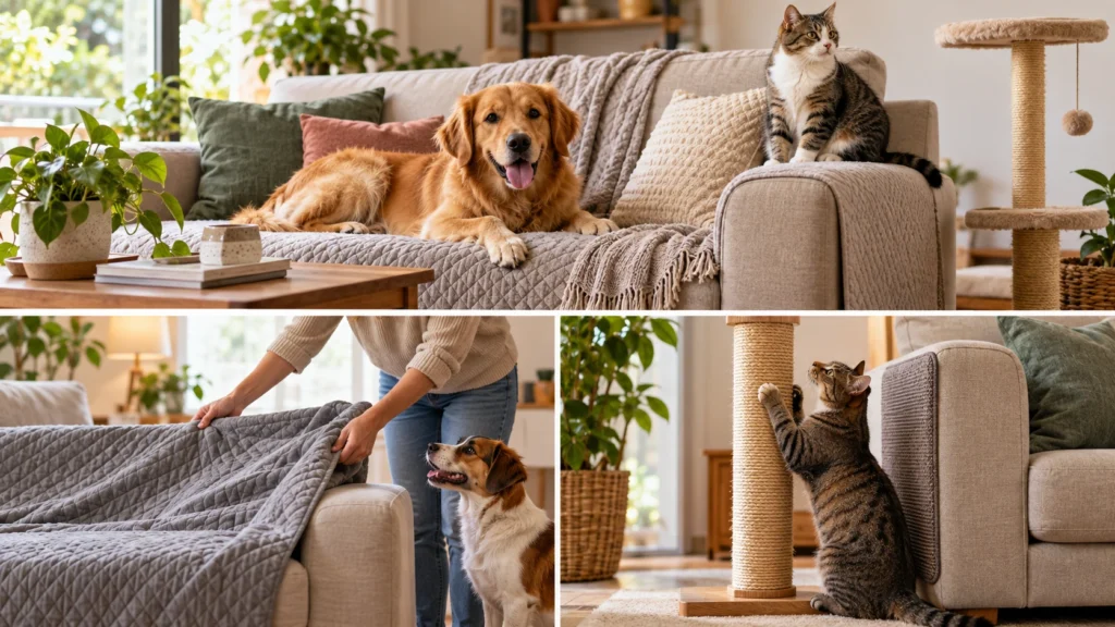Proteção do sofá com capa lavável e gato utilizando arranhador ao lado do móvel