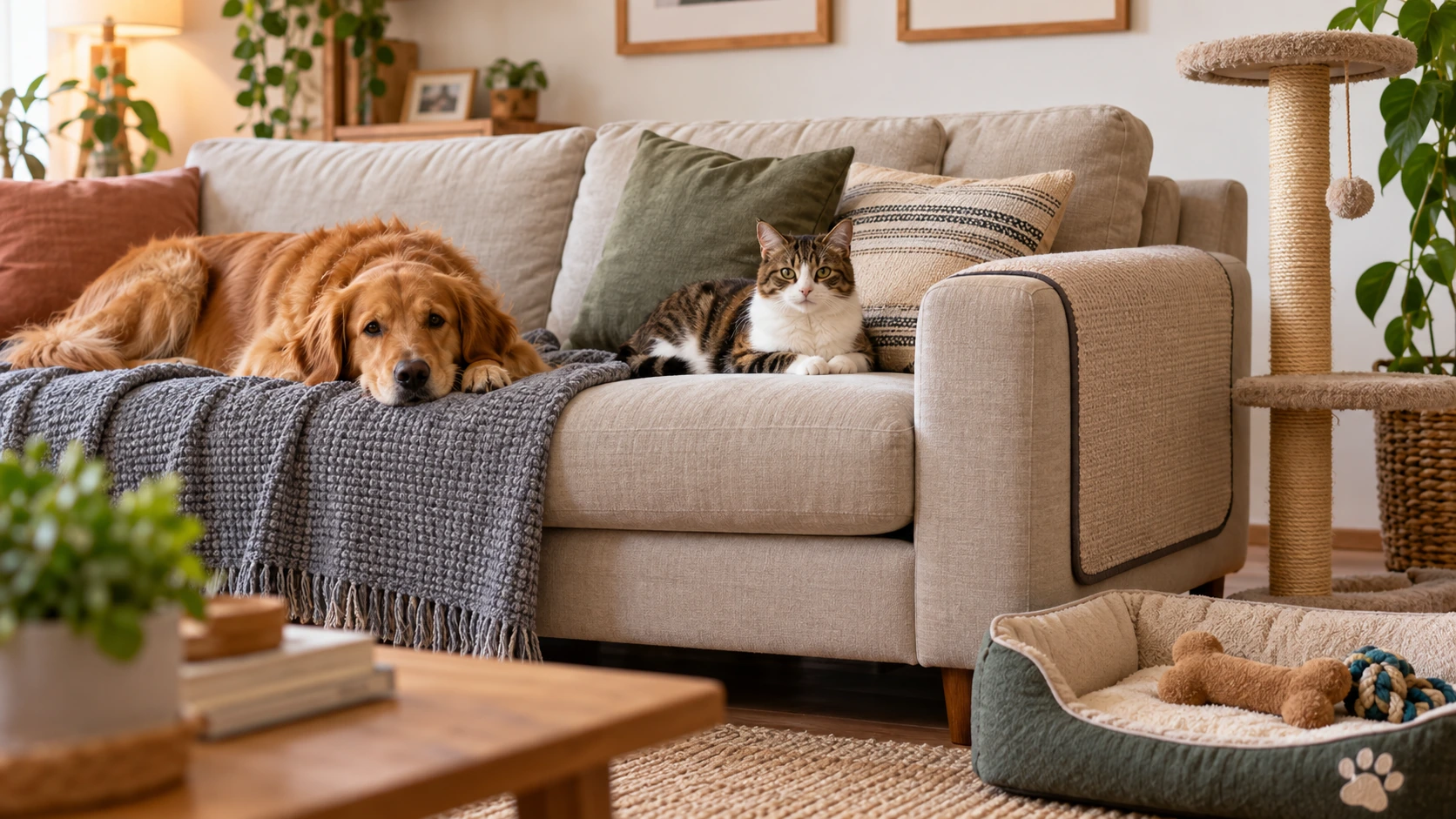 Cachorro e gato descansando em sofá protegido com manta em uma sala pet friendly