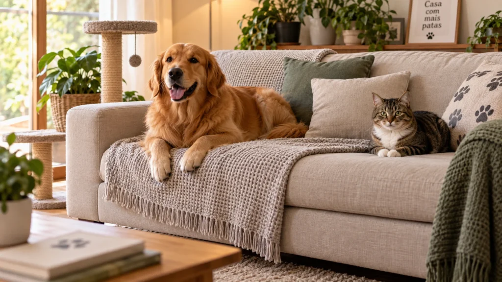 Cachorro e gato sobre sofá protegido com manta lavável