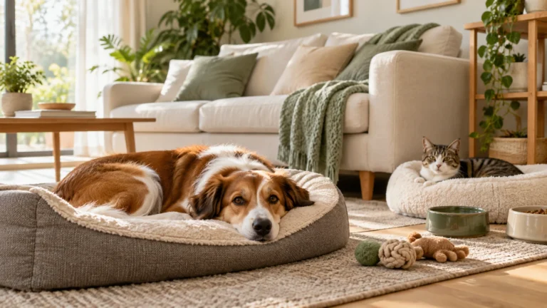 Cachorro e gato descansando em uma sala limpa e aconchegante