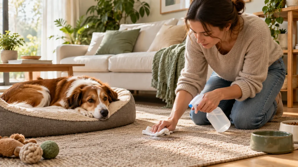 Pessoa limpando cuidadosamente um ponto de urina de cachorro no tapete