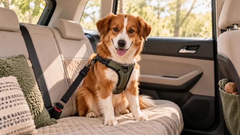 Cachorro no banco traseiro usando peitoral com sistema de retenção