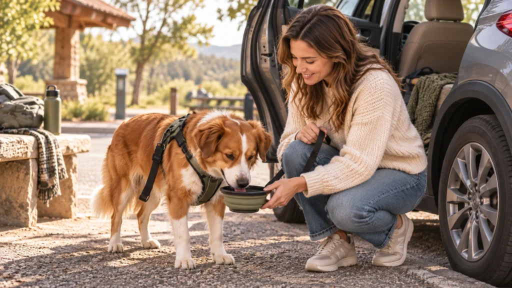 Cachorro bebendo água com a tutora durante uma parada de viagem