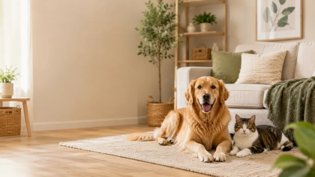 Cachorro e gato descansando juntos em uma sala aconchegante